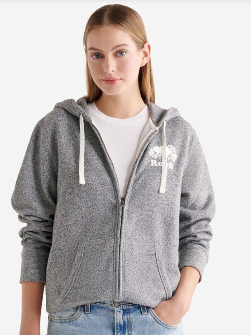 Roots Organic Original Full Zip Hoodie in Salt & Pepper - Women's M